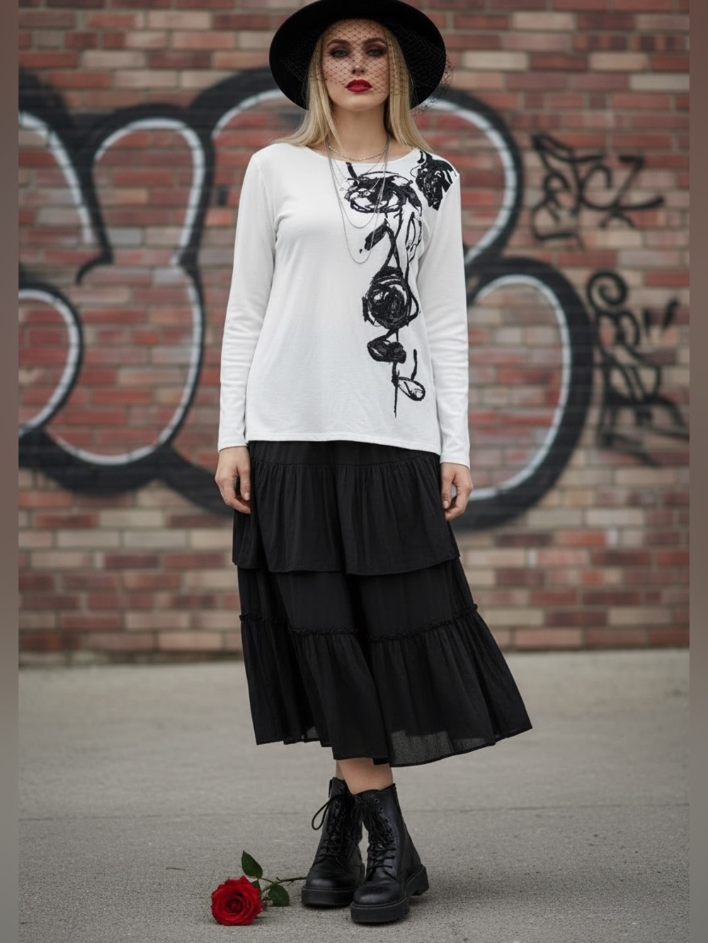 Chico’s White Long-Sleeve Tee Top with Black Rose Floral Graphic - Chicos Size 2
